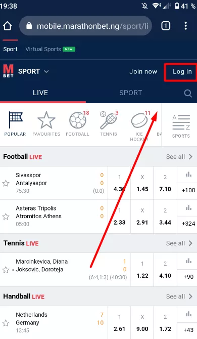 Marathonbet Log in button